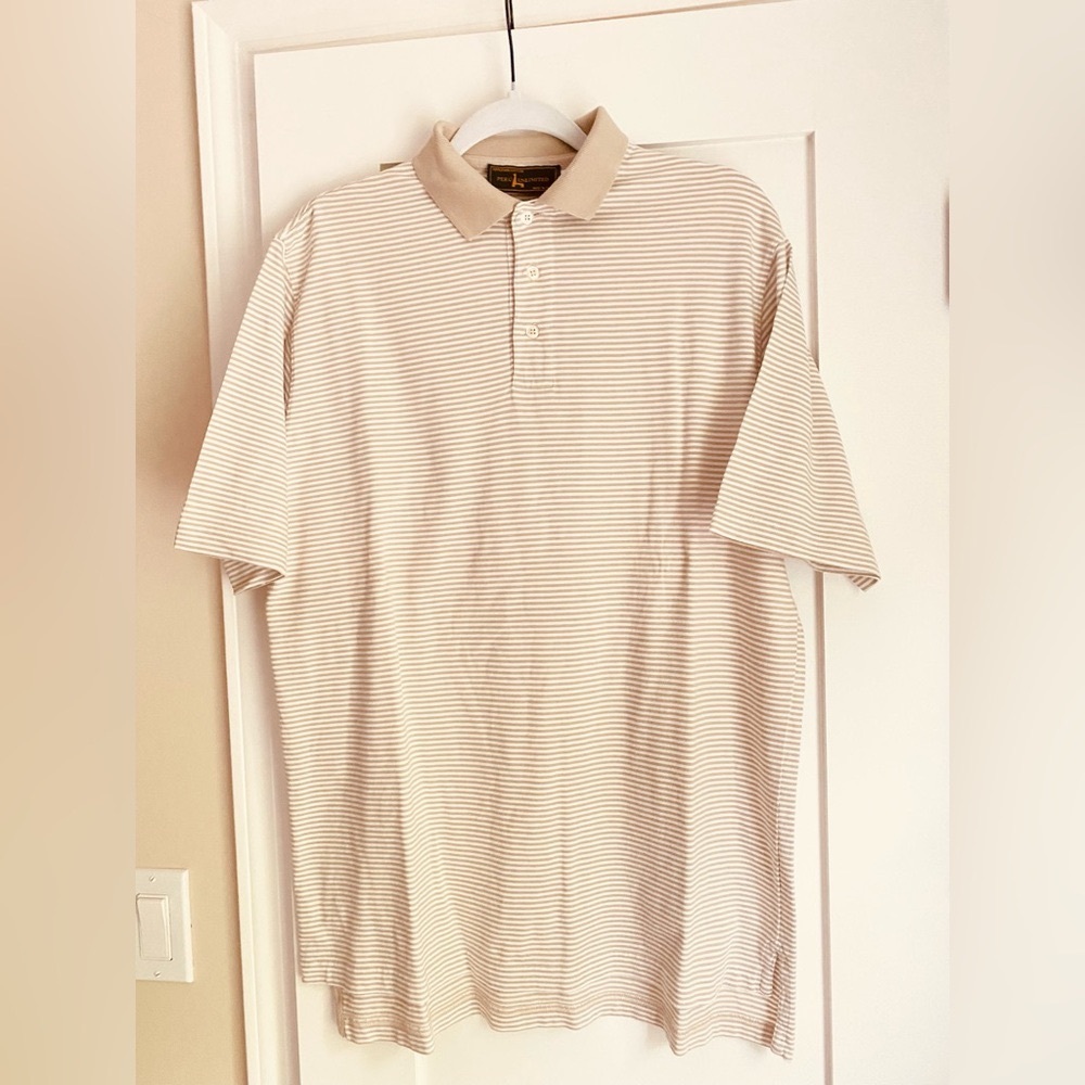 Men's Beige Striped Polo Shirt Peru Unlimited Size M 100% Pina Cotton Office